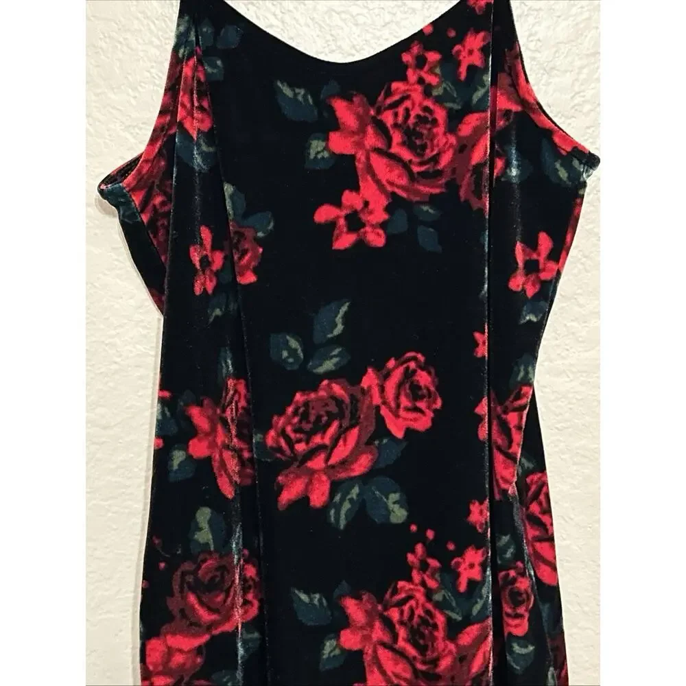 Art Class Velvet Black Spaghetti Tank Dress Red Roses With Slit L 10/12